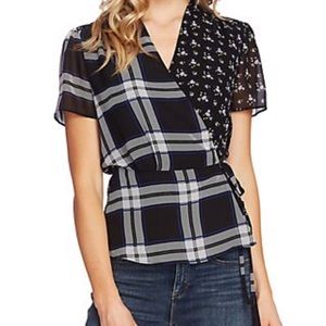 Vince Camuto Plaid Floral Mix Print Wrap Top XXS